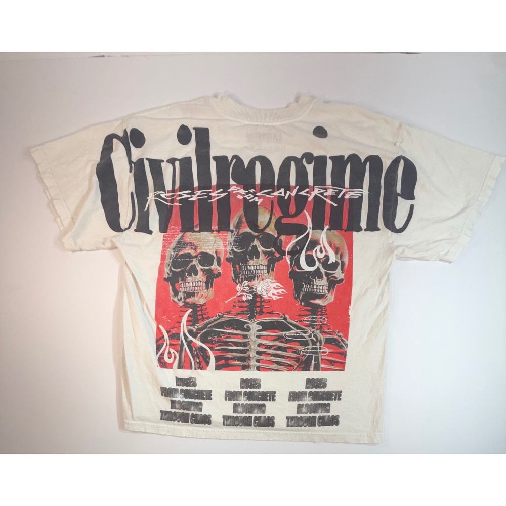 Civil Regime Roses From Concrete Skull Graphic T-Shirt Cream Mens Small